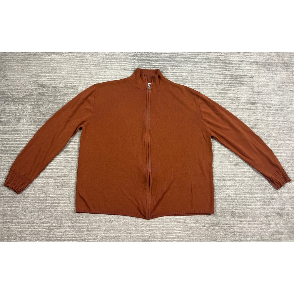 Chicos Design Cardigan Womens 3 Rust Orange Mock Neck Full Zip Pleated Cuff Knit